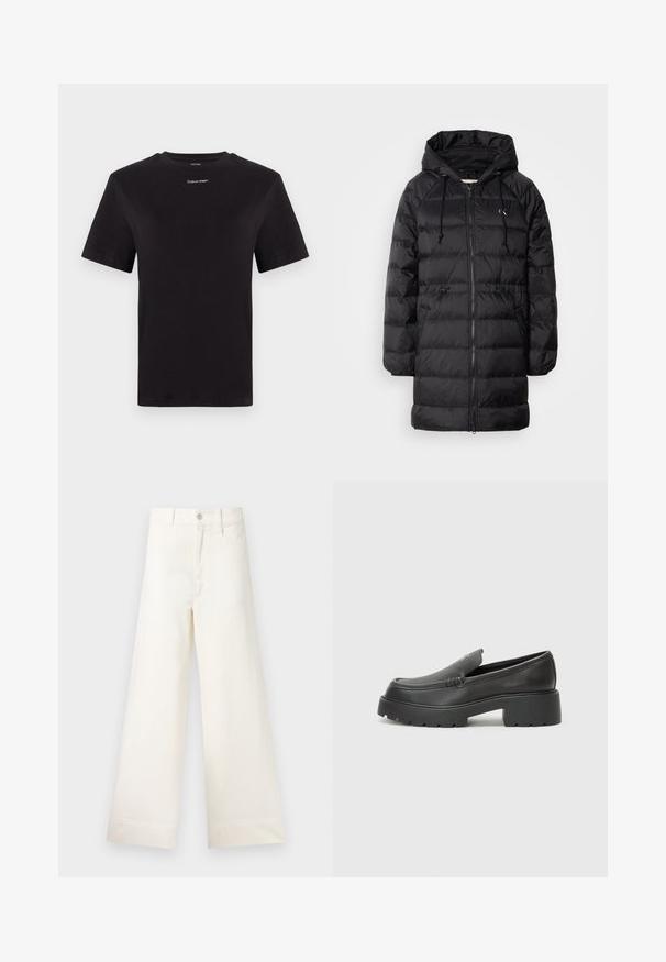 Calvin Klein Jeans Casaco de inverno - black; T-shirt preta de algodão com mangas curtas, decote redondo e pequeno logótipo branco "Calvin Klein" no peito. Textura suave, ajuste clássico.; Calças largas em algodão bege claro. Apresentam uma cintura alta, bolsos frontais e um corte reto. Acabamento de bainha limpo, sem padrões.; Mocassins de couro preto com bico arredondado, sola espessa e texturizada, e detalhes de costura minimalistas. Design elegante sem atacadores ou ferragens visíveis.