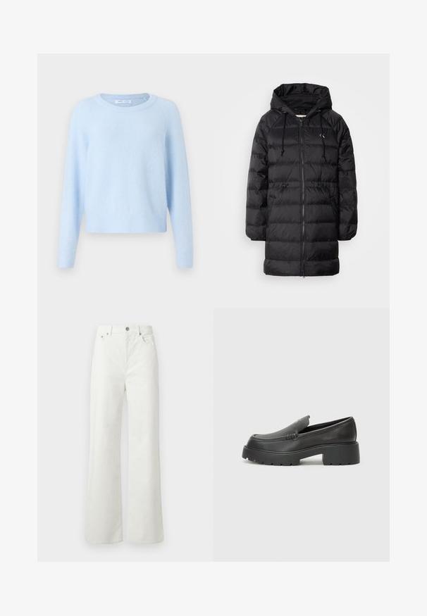 Calvin Klein Jeans Winter coat - black; Light blue sweater made of soft fabric, featuring a crew neck, long raglan sleeves, and ribbed cuffs and hem for a relaxed fit.; Samsøe Samsøe SHELLY - Relaxed fit jeans - clear cream; Black leather loafers with a rounded toe, thick textured sole, and minimal stitching details. Sleek design with no visible laces or hardware.