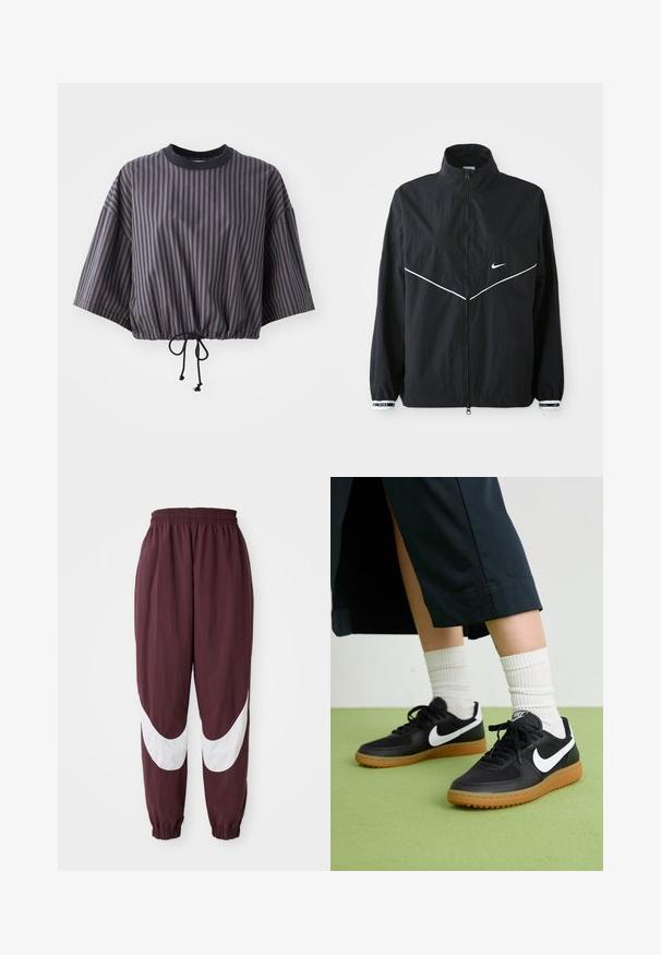 Melnā vējjakā ar augstu apkakli, pilnu rāvējslēdzēju, baltām akcenta līnijām un logo. Iespējas elastīgas piedurknes ar kontrastējošu apdari. Viegls materiāls.; Tumši pelēks īsām piedurknēm apgriezts tops ar vertikālām svītrām. Tam ir aukliņu apakšmala un apaļa kakla izgriezums ar kontrastējošu melnu apdari.; Bordo sporta bikses ar baltu izliekta stripes dizainu, elastīgu jostasvietu un sašaurinātām piedurknēm. Izgatavotas no viegla, elpojoša materiāla.; Melna āda un sintētiska materiāla sporta apavi ar baltu Nike logo, gumijas zole, apaļa purngala forma un melni šņores. Redzamas ribotas baltas zeķes.