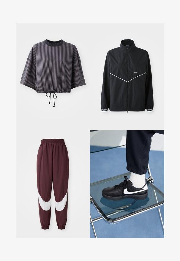 Giacca a vento nera con colletto alto, zip completa, linee di accento bianche e logo. Presenta polsini elasticizzati con rifiniture a contrasto. Materiale leggero.; Top corto a maniche corte in grigio scuro con righe verticali. Caratterizzato da un orlo con cordino e un collo rotondo con un bordo nero a contrasto.; Pantaloni da allenamento color bordeaux con un design a strisce curve bianche, vita elastica e polsini affusolati. Realizzati in materiale leggero e traspirante.; Sneakers Nike neri con accenti bianchi, caratterizzati da una superficie in pelle liscia, design con lacci e punta rotonda, posizionati su una sedia di vetro.