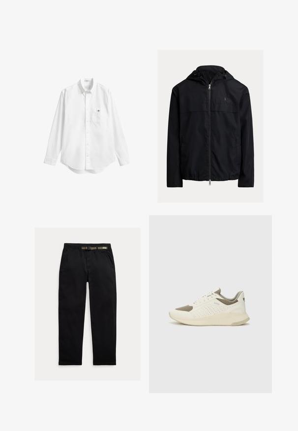 Black hooded windbreaker jacket, featuring zip front closure, two side pockets, and a subtle logo on the chest. Smooth, lightweight fabric.; White button-up shirt, long sleeves, soft cotton fabric, curved hem, single chest pocket, small logo on pocket, standard collar design.; Black pants made of lightweight fabric, featuring an elastic waistband with an integrated green belt, straight-leg cut, and side pockets.; White and light beige athletic sneaker, featuring a mesh upper, perforated detailing, and a textured midsole with branding on the heel.