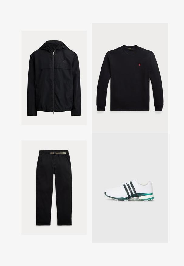 Black hooded windbreaker jacket, featuring zip front closure, two side pockets, and a subtle logo on the chest. Smooth, lightweight fabric.; Long-sleeve black cotton shirt with crew neckline, featuring a small red logo on the chest. Smooth texture and fitted design.; Black pants made of lightweight fabric, featuring an elastic waistband with an integrated green belt, straight-leg cut, and side pockets.; White athletic shoe with black and green accents, textured rubber sole, and three black stripes across the lateral side. Lightweight design.