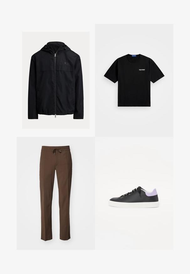 Veste coupe-vent noire à capuche, avec fermeture éclair à l'avant, deux poches latérales et un logo discret sur la poitrine. Tissu lisse et léger.; T-shirt en coton noir avec un col rond et des manches courtes. Présente le logo "POLO SPORT" sur la poitrine gauche en blanc. Coupe classique.; Pantalons marron avec une taille élastique, jambes fuselées et texture lisse, dotés d'un design à plat à l'avant et sans poches visibles.; Baskets en cuir noir avec une semelle en caoutchouc blanc, dotées de lacets noirs, d'œillets en argent et d'un accent violet clair au niveau du talon.