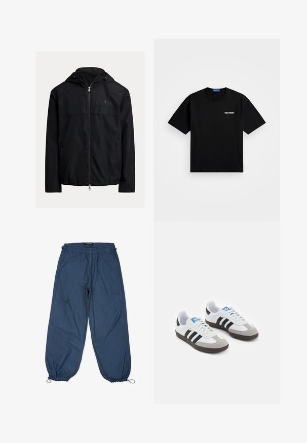 Casaco corta-vento preto com capuz, apresentando fecho frontal com zip, dois bolsos laterais e um logótipo discreto no peito. Tecido suave e leve.; T-shirt de algodão preto com decote redondo e mangas curtas. Apresenta o logótipo "POLO SPORT" no lado esquerdo do peito em branco. Ajuste standard.; Calças leves azuis com cintura elástica, bolsos laterais e punhos ajustados. O tecido possui uma textura suave com costuras mínimas visíveis.; Ténis desportivos com um cabedal em pele branca, biqueira em camurça cinza e três riscas pretas. Apresenta um logo azul na língua e uma sola de borracha texturizada.