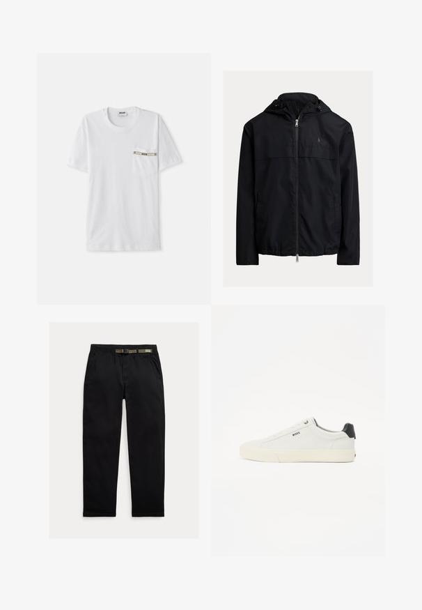 Černá větrovka s kapucí, s krytým zipem na přední části, dvěma bočními kapsami a decentním logem na hrudi. Hladká, lehká tkanina.; Bílá bavlněná tričko s krátkými rukávy, kulatým výstřihem a kapsičkou na levé straně hrudi, která má stříbrný akcent s nápisem "MOSCHINO".; Černé kalhoty vyrobené z lehkého materiálu, s elastickým pasem a integrovaným zeleným páskem, rovného střihu a bočními kapsami.; Bílé kožené tenisky s texturovaným povrchem, s černým patním krytem, kulatou špičkou a černým logem na boku. Lehká gumová podrážka.