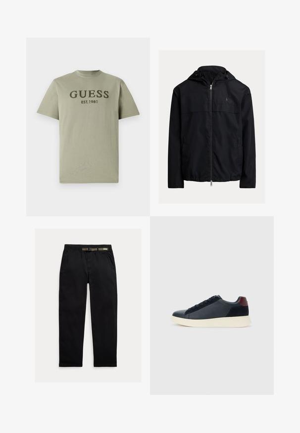 Mustavihreä tuulta pitävä takki, jossa on vetoketjullinen etuosa, kaksi sivutaskua ja huomaamaton logo rinnassa. Sileä, kevyt kangas.; Oliivinvihreä puuvillapaita, jossa on pyöreä kaula-aukko ja lyhyet hihat, ja jossa on tummanvihreällä kirjailtuna "GUESS EST. 1981" rinnan kohdalla.; Mustat housut, jotka on valmistettu kevyestä kankaasta. Niissä on joustava vyötärö, johon on integroitu vihreä vyö, suora lahje ja sivutaskut.; Miestne bežecké tenisky s nízkym strihom v čiernej koži a semišovej úprave s bordovým jazykom a bielou gumovou podrážkou, pohľad z vonkajšej strany.