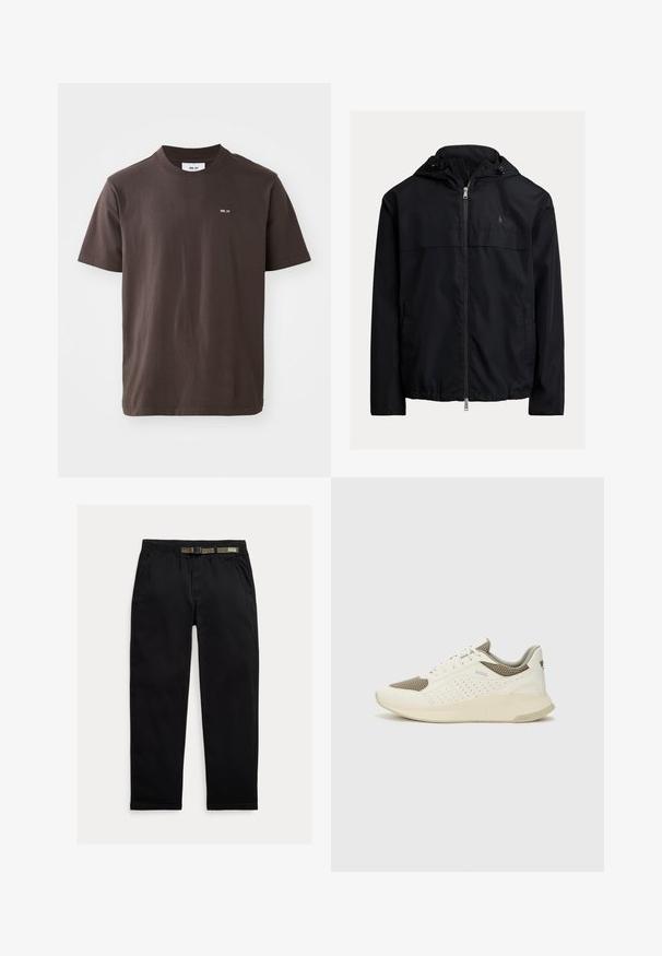 Crna jakna s kapuljačom, s prednjim zatvaranjem na zip, dva bočna džepa i suptilnim logotipom na prsima. Glatka, lagana tkanina.; Smeđa pamučna majica s rebrastim okruglim izrezom. Ima mali bijeli logo na lijevoj strani prsnog koša. Kratki rukavi i ravni rub.; Crne hlače izrađene od laganog materijala, s elastičnim pojasom i integriranim zelenim remenom, ravnog kroja i bočnim džepovima.; Bijele i svijetlosmeđe sportske tenisice, sa mrežastim gornjim dijelom, perforiranim detaljima i teksturiranim međutrakom sa brendom na peti.