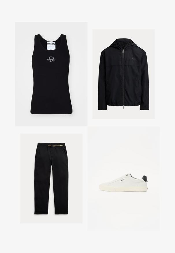 Svart hettejakke med vindbeskyttelse, som har glidelås foran, to sidelommer, og en subtil logo på brystet. Glatt, lett stoff.; Svart ribbet tanktop med rund hals, med et hvitt brodert logodesign i midten. Laget av et mykt, elastisk stoff.; Sorte bukser laget av lett stoff, med strikk i midjen og en integrert grønn belte, rett ben-kutt og sidelommer.; Hvite lær sneakers med teksturert finish, med svart hælkappe, rund tå og merket side logo i svart. Lett gummisåle.