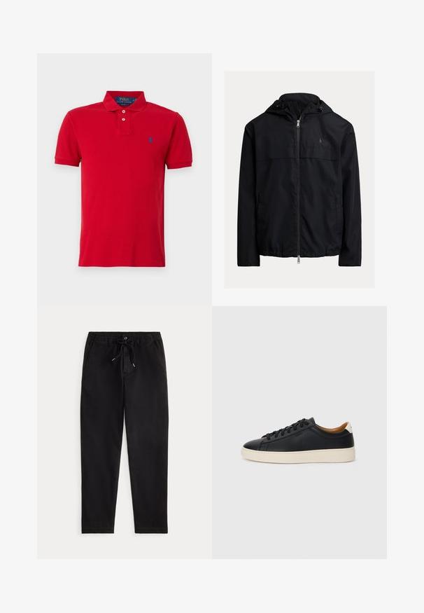 Casaco corta-vento preto com capuz, apresentando fecho frontal com zip, dois bolsos laterais e um logótipo discreto no peito. Tecido suave e leve.; Polo Ralph Lauren SLIM FIT MESH POLO SHIRT - Polo - martin red; Calças casuais pretas com cintura elástica, cordão de ajuste, botão frontal e bolsos laterais, exibidas sobre um fundo simples.; Tenis de couro preto com uma textura suave, sola de borracha bege, design de atar e um destaque no calcanhar em contraste.