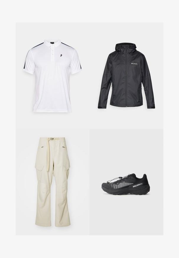 Juodas vandeniui atsparus šalikas su užtrauktuku, reguliuojama kepure ir dviem šoniniais kišeniais. Savybės: glotni tekstūra ir Columbia logotipas krūtinėje.; Balta polo marškinių su tamsiai mėlynomis petnešomis, trijų mygtukų užsegimu ir maža juoda logo krūtinėje. Lygus, lengvas audinys.; Bežinės cargo kelnės su plačiomis kojomis, diržu liemens srityje, dviem šoninėm kišenėm ir kelių detalėm. Lygi tekstūra su sustiprinto siuvimo detalėmis.; Juodas trail bėgimo batelis su tekstūruotu tinklo viršumi, atspindinčiomis detalėmis, paminkštintu padu ir elastine raištelių sistema. Logotipas šone.