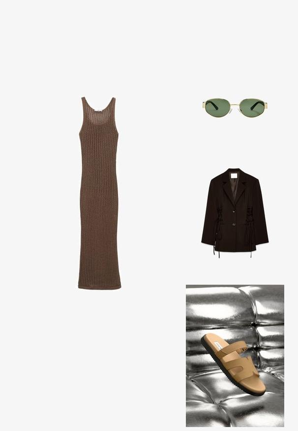 Čierny na mieru ušitý sako s klopami, dvoma prednými gombíkmi a šnurovacími bočnými detailmi s dlhými visiacimi zaviazaniami.; Hnedé háčkované bezrukávové šaty s priliehavým strihom, ktoré majú otvorenú tkaninu a okrúhly výstrih.; Hnedé plážové sandále s dvoma širokými popruhmi s výrezmi, hladkým koženým vrchom a textúrovanou čiernou gumovou podrážkou, vystavené na metalickom pozadí.; Slnko zlatohnedých kovových rámových okuliarov s zelenými tónovanými sklami, oválnym tvarom, čiernymi stranami a priehľadnými nosnými podložkami. Čistý, minimalistický dizajn.