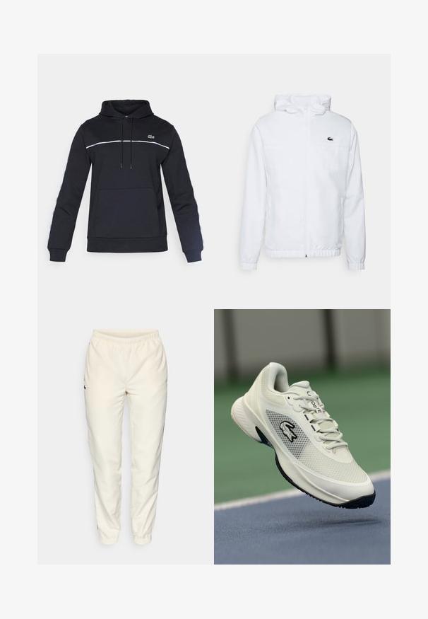 Bílá bunda s kapucí, elastickými manžetami a šňůrkou v dolní části. Na hrudi se nachází černé logo a bundu doplňují dvě postranní kapsy se hladkým povrchem.; Černá mikina s klokaní kapsou, bílý akcentní pruh přes hruď a vyšívané logo na levé straně. Měkká tkanina, dlouhé rukávy.; Krémové sportovní kalhoty s elastickým pasem, zúženými nohavicemi a malým tmavě zeleným logem na levé straně. Hladký, lehký materiál.; Bílé sportovní tenisky s síťovinovým svrškem, černými akcenty, strukturovanou podrážkou a výrazným logem na boku, vystavené na pozadí hřiště.