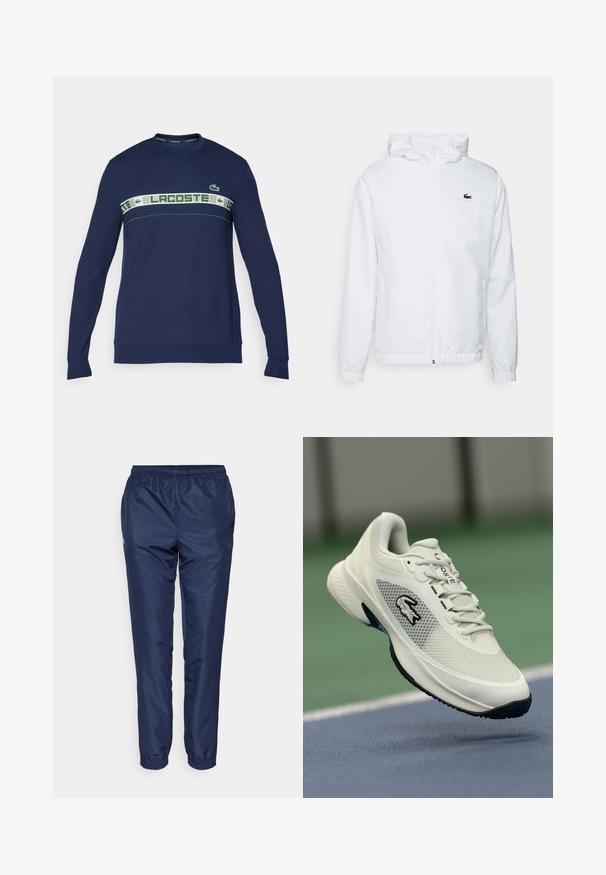 Hvit hettejakke med elastiske mansjetter og snor i nederkanten. Har en svart logo på brystet og to sidelommer med glatt tekstur.; Mørkeblå langermet sweatshirt laget av bomull, med en hvit og grønn horisontal stripe med "LACOSTE" merke og logo på brystet.; Mørkeblå joggebukser laget av lett stoff, med elastisk midjebånd og smale ben med elastiske mansjetter ved anklene.; Hvite sportssko med mesh-overdel, svarte detaljer, teksturert såle og fremtredende logo på siden, plassert mot en bakgrunn av en bane.