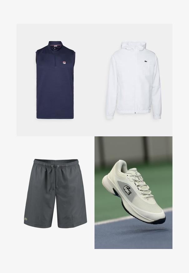 Vit huva jacka med elastiska manschetter och dragsko nederkant. Har en svart logotyp på bröstet och två sidofickor med en mjuk textur.; Mörkblå ärmlös polo med dragkedja i kragen, i strukturerad tyg och med en liten röd och vit logotyp på vänster bröst.; Grå simbyxor med elastisk midjeband, dragsko och broderad grön logotyp på nedre vänstra sidan. Slät, lättviktig tyg.; Vit sportig sneaker med ovandel i mesh, svarta accenter, texturerad sula och framträdande logotyp på sidan, visad mot en bakgrund av en tennisbana.
