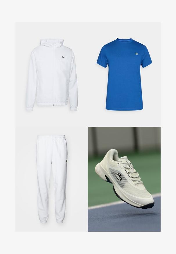 Hvit hettejakke med elastiske mansjetter og snor i nederkanten. Har en svart logo på brystet og to sidelommer med glatt tekstur.; Blå kortermet T-skjorte med crew neck og liten grønn krokodillelogo på venstre bryst, ensfarget frontdesign.; Hvit fleece joggebukse med elastisk midjebånd og mansjetter, med en grønn logoakkent på høyre side. Myk, glatt tekstur.; Hvite sportssko med mesh-overdel, svarte detaljer, teksturert såle og fremtredende logo på siden, plassert mot en bakgrunn av en bane.