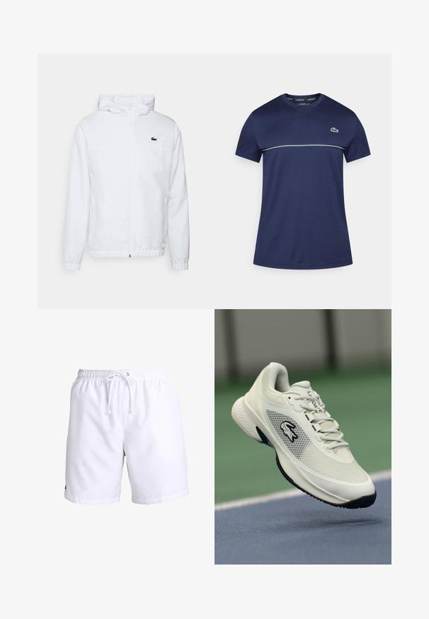 Bílá bunda s kapucí, elastickými manžetami a šňůrkou v dolní části. Na hrudi se nachází černé logo a bundu doplňují dvě postranní kapsy se hladkým povrchem.; Tmavě modré tričko s krátkým rukávem a kulatým výstřihem, zdobené bílým horizontálním pruhem a zeleným krokodýlím logem na levé straně hrudi.; Bílé plavky s elastickým pasem a šňůrkou. Vyrobené z lehkého materiálu s hladkou texturou. Bez vzorů nebo akcentů.; Bílé sportovní tenisky s síťovinovým svrškem, černými akcenty, strukturovanou podrážkou a výrazným logem na boku, vystavené na pozadí hřiště.