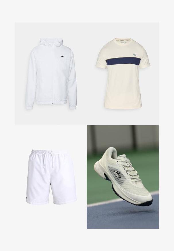 Jaqueta branca com capuz, punhos elásticos e bainha com cordão. Apresenta um logotipo preto no peito e dois bolsos laterais com uma textura suave.; T-shirt Lacoste creme e azul marinho com um decote redondo, mangas curtas e um bloco de cor horizontal. Apresenta um logo de crocodilo verde.; Calções de banho brancos com cintura elástica e cordão. Feitos de material leve com uma textura suave. Sem padrões ou detalhes.; Sapatilha desportiva branca com parte superior em malha, detalhes em preto, sola texturizada e logotipo em destaque na lateral, apresentada num fundo de campo.