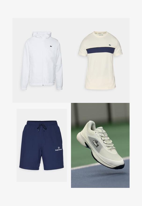 Balta gobtuvė su elastingomis rankovėmis ir virvute apvadu. Yra juodas logotipas ant krūtinės ir dvi šoninės kišenės su lygiu paviršiumi.; Kremo ir tamsiai mėlynas Lacoste marškinėliai su apvaliu iškirpimu, trumpomis rankovėmis ir horizontaliu spalvų blokavimu. Puošia žalias krokodilo logotipas.; Tamsiai mėlynos sportinės šortai su elastinga juosta, raišteliu ir baltais šonų akcentais. Kairėje šlaunies pusėje yra logotipas.; Balti sportiniai batai su tinkliniais viršutiniais, juodais akcentais, tekstūruotu padu ir išryškintu logotipu šone, eksponuojami prieš teismo foną.