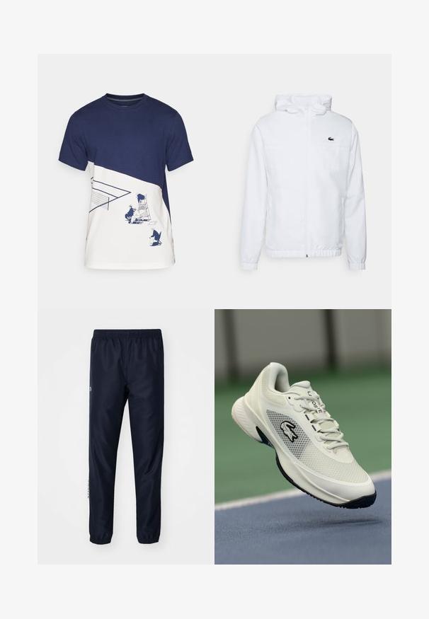 Balta kapuce ar elastīgām piedurknēm un regulējamu apakšmalu. Uz krūtīm ir melns logo, un tai ir divas sānu kabatas ar gludu tekstūru.; Jūras spēku un baltas kokvilnas T-krekls ar grafisku attēlojumu par cilvēkiem tenisā laukumā. Dizainā ir iekļauta tīkla un sēdošo figūru attēlošana.; Jūras spēku sporta bikses, izgatavotas no vieglas auduma, kurām ir elastīgs josta un aproces, ar logo akcentu sānos, piešķirot sīkumu.; Balti sporta apavi ar sieta materiāla augšpusi, melniem akcentiem, teksturētu zoli un izteiktu logo sānos, attēloti pret sporta laukuma fonu.