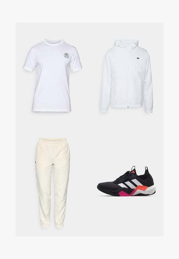 Balta gobtuvė su elastingomis rankovėmis ir virvute apvadu. Yra juodas logotipas ant krūtinės ir dvi šoninės kišenės su lygiu paviršiumi.; Balta medvilninė marškinė su apvalia iškirpte ir trumpomis rankovėmis, su juodu siuvinėjimu teniso klubo logotipu kairėje krūtinės pusėje.; Kreminės spalvos sportinės kelnės su elastinga juosta, siaurėjančiomis kojomis ir mažu tamsiai žaliu logotipu kairėje pusėje. Glaudus, lengvas audinys.; Juodos sportinės bateliai su baltais dryžiais, tekstūruota viršutinė dalis ir masyvus padas su oranžinėmis, rožinėmis ir baltomis detalėmis. Su raišteliais ir su traukimo juostele.