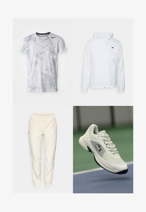 White hooded jacket with elastic cuffs and a drawstring hem. Features a black logo on the chest and two side pockets with a smooth texture.; White athletic t-shirt with a geometric grey pattern, short sleeves, crew neck, and Mizuno logo on the upper left. Made from breathable material.; Cream-colored athletic pants with an elastic waistband, tapered legs, and a small dark green logo on the left side. Smooth, lightweight fabric.; White athletic sneaker with a mesh upper, black accents, textured sole, and prominent logo on the side, displayed against a court background.