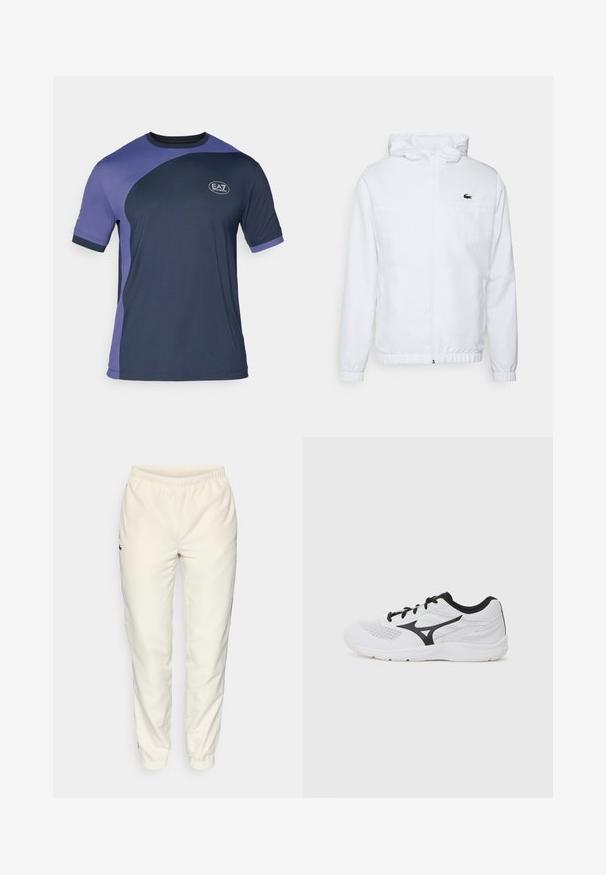 Bela kapuca s kapuco z elastičnimi manšetami in spodnjim delom na vrvico. Opremljena je z črnim logotipom na prsih in dvema stranskima žepoma z gladko teksturo.; Kratka športna majica s kratkimi rokavi v mornarsko modri in vijolični barvi, z teksturirano tkanino in logotipom EA7 na prsih. Oblikovanje v kontrastni barvni blok.; Kremne barve športne hlače z elastičnim pasom, zoženimi hlačnicami in majhnim temno zelenim logotipom na levi strani. Gladek, lahek material.; Bele športne čevlje v beli barvi z črnimi detajli, mrežasta tkanina, vezalni dizajn, okrogla konica in teksturiran podplat. Na strani ima logotip.