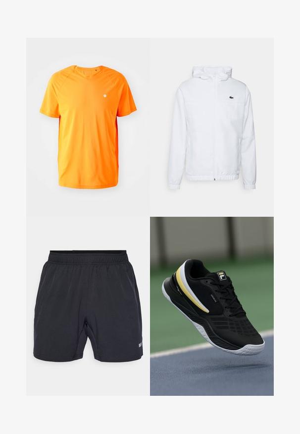 Valkoinen hupparitakki, jossa on elastiset hihansuut ja nyörihelma. Takissa on musta logo rinnassa ja kaksi sivutaskua sileällä pinnalla.; Lyhythihainen oranssi V-pääntie t-paita, joka on valmistettu sileästä kankaasta. Paidan raglan-hihat ja vasemmassa rinnassa on pieni valkoinen logo.; Mustat shortsit, joissa on joustava vyötärö, valmistettu sileästä ja kevyestä kankaasta, ja oikeassa alareunassa on pieni logo.; Musta urheilukenkä, jossa on kuvioitu päällinen, keltaisia ja valkoisia yksityiskohtia. Kevyt rakenne, pehmeä pohja ja monimutkainen kuvio sivuilla.