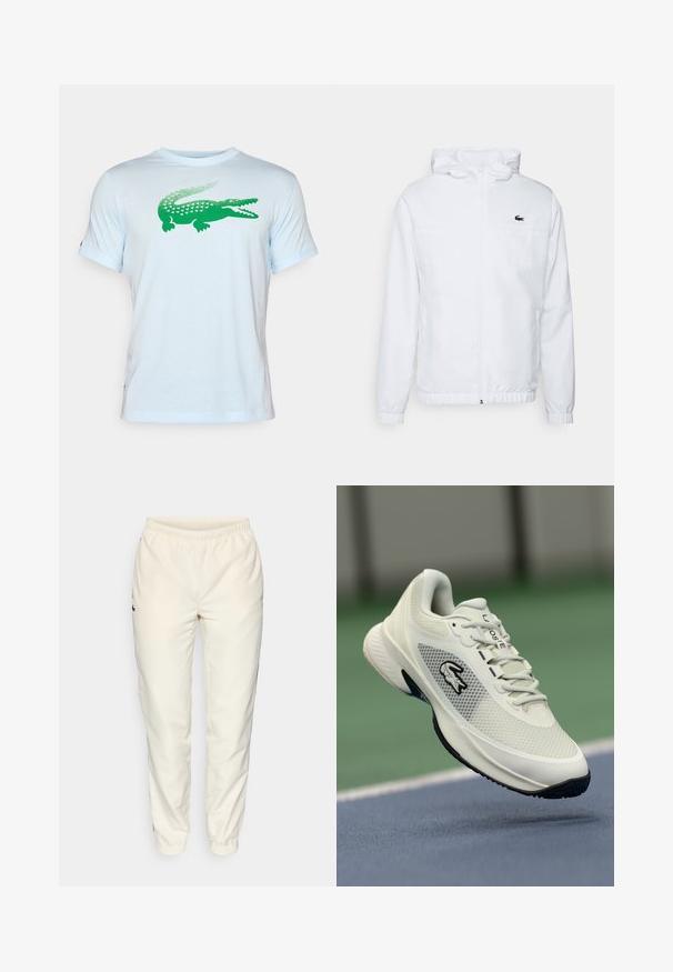 Balta kapuce ar elastīgām piedurknēm un regulējamu apakšmalu. Uz krūtīm ir melns logo, un tai ir divas sānu kabatas ar gludu tekstūru.; Gaiši zilas krāsas kokvilnas t-krekls ar zaļu krokodila grafiku uz priekšpuses. Īsas piedurknes un apkakle apaļā formā.; Krēma krāsas sporta bikses ar elastīgu jostu, sašaurinātiem diegiem un mazu tumši zaļu logotipu kreisajā pusē. Gluda, viegla auduma.; Balti sporta apavi ar sieta materiāla augšpusi, melniem akcentiem, teksturētu zoli un izteiktu logo sānos, attēloti pret sporta laukuma fonu.