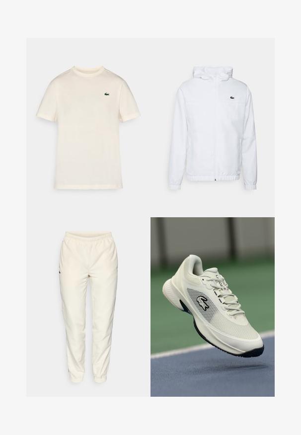 Balta kapuce ar elastīgām piedurknēm un regulējamu apakšmalu. Uz krūtīm ir melns logo, un tai ir divas sānu kabatas ar gludu tekstūru.; Kremkrāsas kokvilnas T-krekls ar klasisku apaļu kaklu, īsām piedurknēm un zaļu krokodila logo, kas izšūts kreisajā krūtī.; Krēma krāsas sporta bikses ar elastīgu jostu, sašaurinātiem diegiem un mazu tumši zaļu logotipu kreisajā pusē. Gluda, viegla auduma.; Balti sporta apavi ar sieta materiāla augšpusi, melniem akcentiem, teksturētu zoli un izteiktu logo sānos, attēloti pret sporta laukuma fonu.