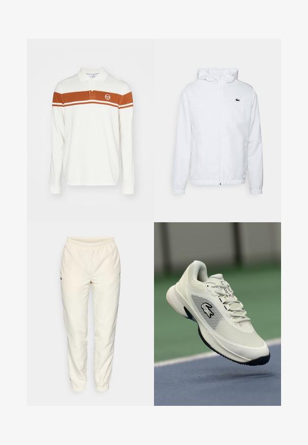 Fehér kapucnis dzseki rugalmas mandzsettákkal és húzózsinórral ellátott aljjal. A mellkasán fekete logó található, valamint két oldalsó zseb, sima textúrával.; Fehér, hosszú ujjú pólóing, amelyen egy barna vízszintes csík található, két vékony fehér csíkkal, és egy logó a bal mellrészen.; Tejfehér sportnadrág, rugalmas derékkal, szűkülő lábakkal és egy kis sötétzöld logóval a bal oldalon. Sima, könnyű anyag.; Fehér sportcipő hálós felsőrésszel, fekete részletekkel, texturált talppal és feltűnő logóval az oldalán, kosárlabdapálya háttérben.