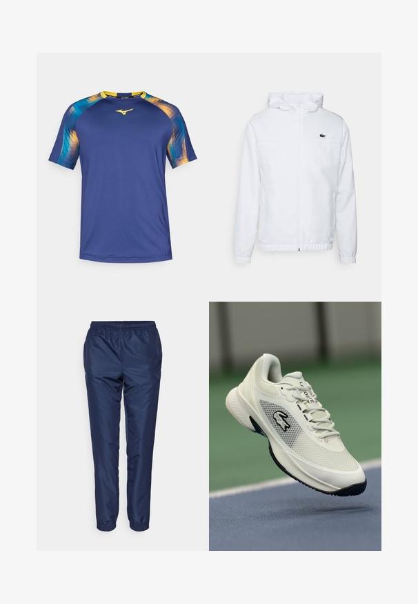 Biela kapucňová bunda s elastickými manžetami a šnúrkou na spodnom leme. Má čierne logo na hrudi a dve bočné vrecká s hladkou štruktúrou.; Kraťasový atletický dres v námorníckej modrej farbe s geometrickými vzormi v modrej, žltej a oranžovej na pleciach. Hladký materiál, okrúhly výstrih.; Námornícky modré športové nohavice vyrobené z ľahkého materiálu, s elastickým pásom a zúženými nohavicami s elastickými manžetami na členkoch.; Biele športové tenisky s priedušnou vrchnou časťou, čiernymi akcentmi, textúrovanou podrážkou a výrazným logom na boku, zobrazené na pozadí ihriska.