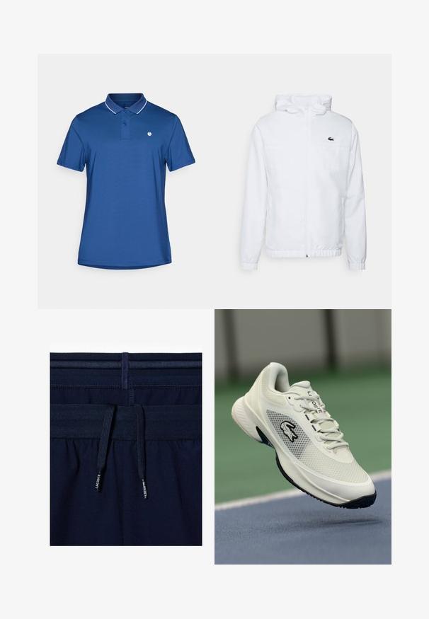Biela kapucňová bunda s elastickými manžetami a šnúrkou na spodnom leme. Má čierne logo na hrudi a dve bočné vrecká s hladkou štruktúrou.; Modrá polo košeľa vyrobená z hladkej látky s dvoma gombíkmi, bielym kontrastným prešívaním na golieri a malým logom na hrudi.; Námornícke modré športové šortky s elastickým pásom a šnúrkou na stiahnutie. Materiál vyzerá hladko s čistým šitím a jemným detailom značky.; Biele športové tenisky s priedušnou vrchnou časťou, čiernymi akcentmi, textúrovanou podrážkou a výrazným logom na boku, zobrazené na pozadí ihriska.