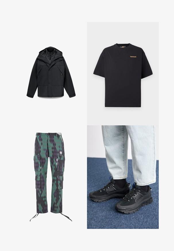 Musta ulkoilutakki, jossa on vetoketjullinen korkea kaulus, säädettävä huppu ja useita etutaskuja, rakenteellinen muotoilu ja sileä pinta.; Mustavalkoinen lyhythihainen Timberland T-paita, jossa on pieni vaaleanruskea logo vasemmassa ylärinnassa, esillä valkoista taustaa vasten.; Nyckelpants med ett diamantmönster i grönt, lila och svart. Har sex fickor, justerbara muddar och en knappstängning i midjan.; Mustat urheilukengät, joissa on teksturoitu kangas ja kumipohjat, elastiset nauhat ja sininen yksityiskohta kannassa. Yhdistetty vaaleisiin farkkuihin.