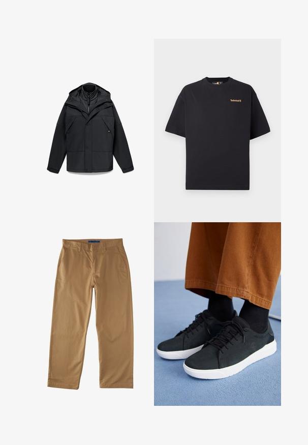 Svart utomhusjacka med en dragkedjade hög krage, justerbar huva och flera framfickor med en strukturerad design och slät textur.; Svart T-shirt med kort ärm och rund hals från Timberland, med en liten tan-färgad logotyp på övre vänstra bröstet, visad mot en vit bakgrund.; Beige bomullschinos med raka ben, med två framfickor, en bakficka och knäppning med knapp. Slät textur.; Svarta mockaskor med vita gummisålar, med snörning, texturerade detaljer och subtil branding, kombinerade med bruna byxor.