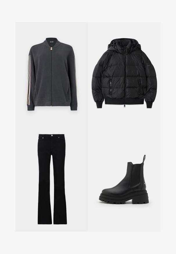 Czarna kurtka puchowa z kapturem, zapinana na zamek z przodu, z dwoma bocznymi kieszeniami na zamek. Posiada prążkowane mankiety i dół oraz gładką, błyszczącą teksturę.; Ciemnoszara bluza rozpinana na zamek z kołnierzem stojącym, ozdobiona białymi paskami po bokach i ściągaczami na mankietach. Wykonana z miękkiego materiału bez widocznych wzorów.; Czarny bawełniany t-shirt z krótkimi rękawami i okrągłym dekoltem, ozdobiony białym, kursywnym logo "Armani Exchange".; Czarne dzwony z denimu, z dwoma przednimi kieszeniami, zapięciem na guzik i gładką fakturą. Widoczne charakterystyczne szycie na szwach.; Czarne botki Chelsea wykonane z gładkiej skóry, z elastycznymi panelami po bokach, grubą, karbowaną podeszwą gumową oraz pępulką z tyłu.
