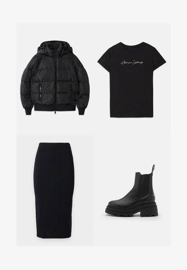 Černá péřová bunda s kapucí, zipovým zapínáním vpředu a dvěma bočními kapsami se zipem. Má žebrované manžety a lem, hladký lesklý povrch.; Černé bavlněné tričko s krátkým rukávem a kulatým výstřihem, zdobené bílým kurzivním logem "Armani Exchange".; Černá tužková sukně z texturované tkaniny, s vertikálním švem a přiléhavým střihem. Nenápadné logo v pase.; Černé chelsea boty vyrobené z hladké kůže s elastickými bočními panely, silnou, strakatou gumovou podrážkou a poutkem na zadní straně.