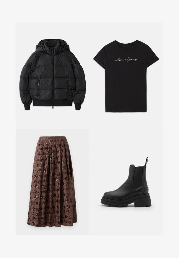 Mustat puffatakki hupulla, vetoketjulla edessä ja kahdella vetoketjullisella sivutaskulla. Varustettu ribatulla hihansuilla ja helmalla, sileä kiiltävä pinta.; Musta puuvillapaita, jossa on lyhyet hihat ja pyöreä kaula-aukko, koristeltuna valkoisella käärmeenkirjoitettu "Armani Exchange" -logolla.; Ruskea midi-hame, jossa on elastinen vyötärö, kukkakuvioisia paljetteja, laskostettu muotoilu ja sileä kangas.; Mustat Chelsea-nilkkurit, jotka on valmistettu sileästä nahasta, joissa on joustavat sivupaneelit, paksu, uritettu kumipohja ja vetonuppi takana.