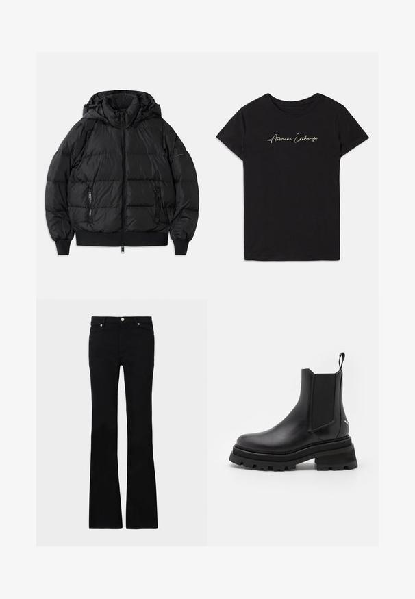 Black puffer jacket with a hood, zippered front, and two zippered side pockets. Features ribbed cuffs and hem, smooth shiny texture.; Black cotton t-shirt featuring short sleeves and a crew neckline, adorned with a cursive "Armani Exchange" logo in white.; Black flared jeans made of denim, featuring two front pockets, a button closure, and a smooth texture. Signature stitching visible at seams.; Black leather Chelsea boot with elastic side panels, round toe, chunky rubber sole, and pull tab at the heel. Textured and smooth surfaces.