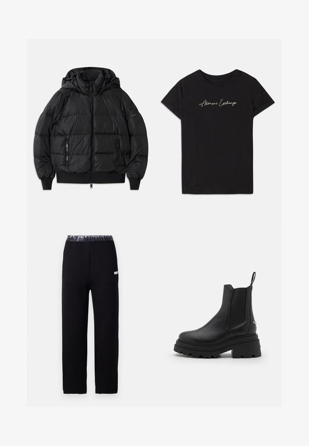 Melnā pūkā jakā ar kapuci, ar rāvējslēdzēju priekšpusē un divām sānu kabatām ar rāvējslēdzējiem. Iezīmējas ar ribotām aprocēm un apakšmalu, gludu spīdīgu tekstūru.; Melnā kokvilnas t-kreklā ir īsas Piedurknes un apaļš kakls, rotāts ar zīmolu "Armani Exchange" kursīvos burtiem baltā krāsā.; Melnas sporta bikses ar gludu, mīkstu tekstūru, kurām ir elastīga josta ar logo un sānu akcentu detaļu. Taisna kāju dizains.; Melnas Chelsea zābaki, kas izgatavoti no gludas ādas, ar elastīgām sānu daļām, biezu, rievotu gumijas zoli un vilkšanas cilpu aizmugurē.