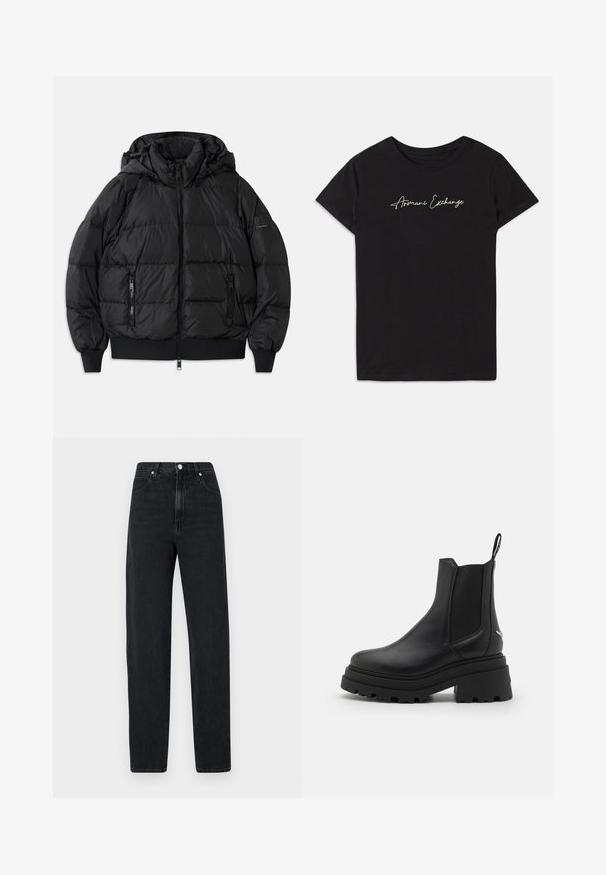 Black puffer jacket with a hood, zippered front, and two zippered side pockets. Features ribbed cuffs and hem, smooth shiny texture.; Black cotton t-shirt featuring short sleeves and a crew neckline, adorned with a cursive "Armani Exchange" logo in white.; Black, straight-leg jeans made of denim. Features a high waist, metal button closure, five pockets, and subtle stitching details.; Black chelsea boots made of smooth leather with elastic side panels, a thick, ridged rubber sole, and a pull tab at the back.