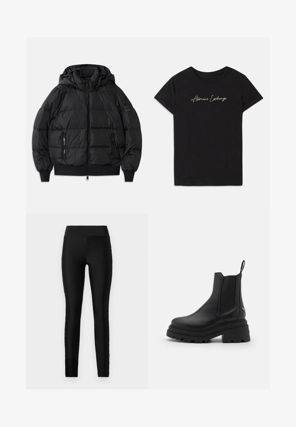 Black puffer jacket with a hood, zippered front, and two zippered side pockets. Features ribbed cuffs and hem, smooth shiny texture.; Black cotton t-shirt featuring short sleeves and a crew neckline, adorned with a cursive "Armani Exchange" logo in white.; Black leggings with a smooth, stretchy fabric, high waistband, and a fitted design. Features no visible patterns or accents.; Black chelsea boots made of smooth leather with elastic side panels, a thick, ridged rubber sole, and a pull tab at the back.