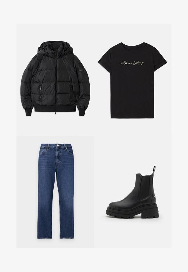 Black puffer jacket with a hood, zippered front, and two zippered side pockets. Features ribbed cuffs and hem, smooth shiny texture.; Black cotton t-shirt featuring short sleeves and a crew neckline, adorned with a cursive "Armani Exchange" logo in white.; Denim jeans in a dark blue wash. Straight leg design with five-pocket styling, front button closure, and contrasting stitching detailing.; Black chelsea boots made of smooth leather with elastic side panels, a thick, ridged rubber sole, and a pull tab at the back.