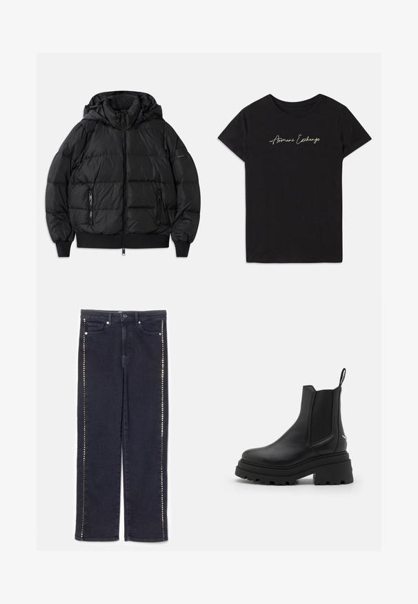 Musternahk vest, mille, lukuga ees ja kahe lukuga küljetaskuga. Omab soonikuga varrukaotsi ja alt, sileda läikiva tekstuuriga.; Must have lühikeste varrukatega must puuvillane T-särk, millel on ümmargune kaelus ja mille esiküljel on valgest kirjaga "Armani Exchange".; Tumedat teksased, millel on sirge jalgade disain ja külgõmbluste ääres rida metallist nuppe, pakkudes eristuvat aktsenti.; Mustad mustad tumed nahast Chelseas kingad, millel on elastsed külgpaneelid, paks ja sooniline kummitald ning tagaküljel tõmberaam.