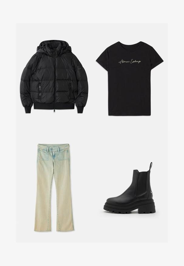 Chaqueta acolchada negra con capucha, cierre frontal con cremallera y dos bolsillos laterales con cremallera. Presenta puños y dobladillo acanalados, textura suave y brillante.; Camiseta de algodón negra con mangas cortas y cuello redondo, adornada con un logo en cursiva "Armani Exchange" en blanco.; Jeans de mezclilla azul claro de campana con un acabado deslavado, que cuentan con pasadores para cinturón, dos bolsillos delanteros y dos traseros con detalles de costura.; Botas Chelsea negras de cuero liso con paneles laterales elásticos, suela de goma gruesa y estriada, y una lengüeta en la parte trasera.