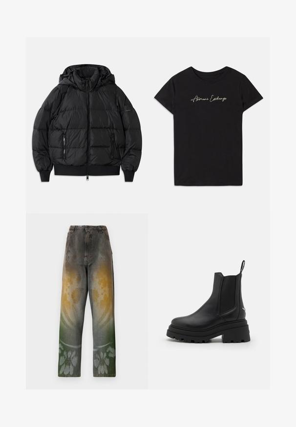 Melnā pūkā jakā ar kapuci, ar rāvējslēdzēju priekšpusē un divām sānu kabatām ar rāvējslēdzējiem. Iezīmējas ar ribotām aprocēm un apakšmalu, gludu spīdīgu tekstūru.; Melnā kokvilnas t-kreklā ir īsas Piedurknes un apaļš kakls, rotāts ar zīmolu "Armani Exchange" kursīvos burtiem baltā krāsā.; Augstas jostas džinsi izbalinātā denima ar gradienta rakstu, kurā saplūst dzeltenas, zaļas un zilas nokrāsas; ziedu raksts tuvāk apmalei.; Melnas Chelsea zābaki, kas izgatavoti no gludas ādas, ar elastīgām sānu daļām, biezu, rievotu gumijas zoli un vilkšanas cilpu aizmugurē.