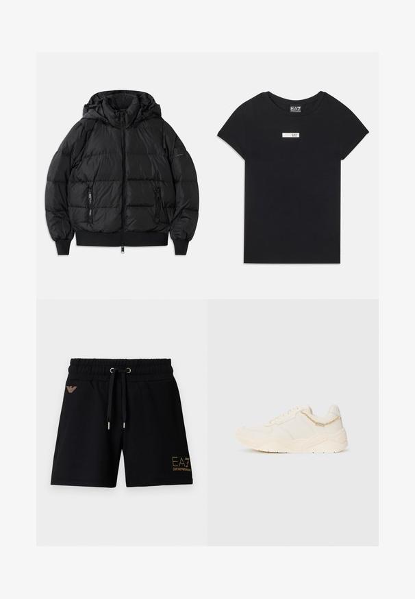 Melnā pūkā jakā ar kapuci, ar rāvējslēdzēju priekšpusē un divām sānu kabatām ar rāvējslēdzējiem. Iezīmējas ar ribotām aprocēm un apakšmalu, gludu spīdīgu tekstūru.; Melna īsām piedurknēm T-kreklā, izgatavots no kokvilnas, ar baltu taisnstūra logo uzlīmi ar uzrakstu "EA7" priekšā uz krūšu zonas.; Melni kokvilnas šorti ar elastīgu jostasvietu un auklu. Priekšpusē redzams zelta logotipa teksts un rotājumi. Divas sānu kabatas.; Kremkrāsas kedas ar gludu ādas augšdaļu, fakturētām akcentēm, šuvju detaļām un masīvu gumijas zoli. Iekļauta maza dekoratīva ķēdīte.