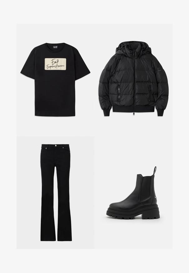 Casaco puffer preto com capuz, frente com fecho de correr e dois bolsos laterais com fecho. Apresenta punhos e bainha canelados, textura lisa e brilhante.; T-shirt de algodão preta com um logótipo retangular em cor creme e texto em estilo manuscrito. Mangas curtas e um corte standard.; Calças pretas de ganga em corte flare, com dois bolsos frontais, fecho com botão e uma textura suave. Costura característica visível nas costuras.; Botas chelsea pretas feitas de couro liso, com painéis elásticos dos lados, uma sola de borracha grossa e estriada, e uma alça na parte de trás.