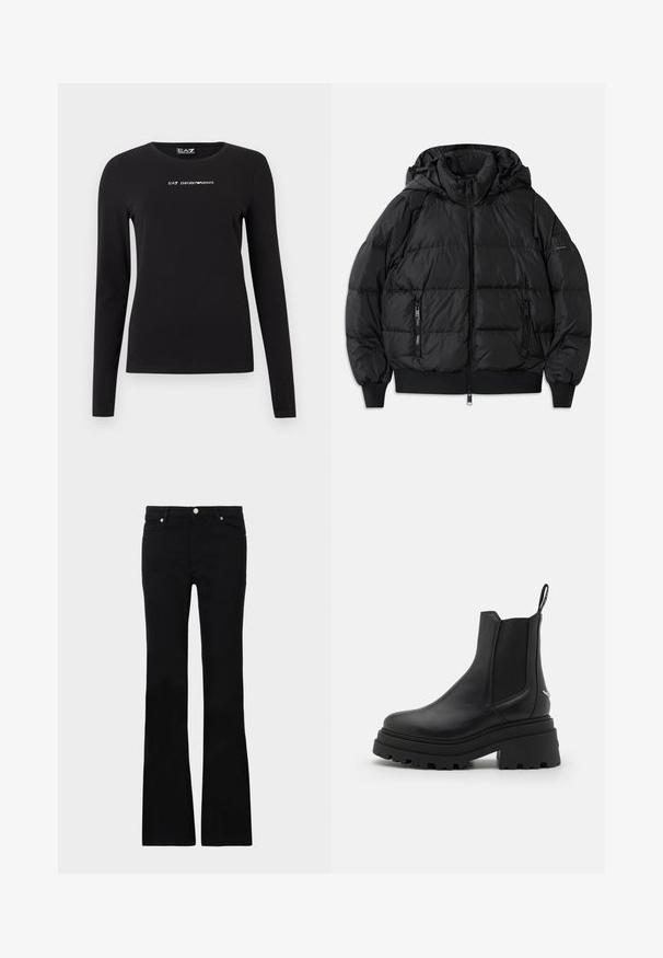 Black puffer jacket with a hood, zippered front, and two zippered side pockets. Features ribbed cuffs and hem, smooth shiny texture.; Black long-sleeve t-shirt made from cotton, featuring a round neckline and small white logo text on the chest. Smooth texture.; Black flared jeans made of denim, featuring two front pockets, a button closure, and a smooth texture. Signature stitching visible at seams.; Black chelsea boots made of smooth leather with elastic side panels, a thick, ridged rubber sole, and a pull tab at the back.