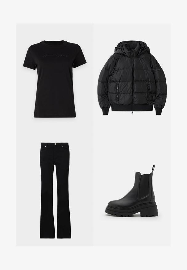 Mustat puffatakki hupulla, vetoketjulla edessä ja kahdella vetoketjullisella sivutaskulla. Varustettu ribatulla hihansuilla ja helmalla, sileä kiiltävä pinta.; Musta puuvillapaita, jossa on pyöreä kaula-aukko ja lyhyet hihat. Edessä on hienovarainen tummassa langassa brodeerattu logo.; Mustat levenevät farkut, valmistettu denimi- materiaalista, varustettu kahdella etutaskulla, napin sulkimella ja sileällä pinnalla. Alussa näkyviä erityisompeleita.; Mustat Chelsea-nilkkurit, jotka on valmistettu sileästä nahasta, joissa on joustavat sivupaneelit, paksu, uritettu kumipohja ja vetonuppi takana.