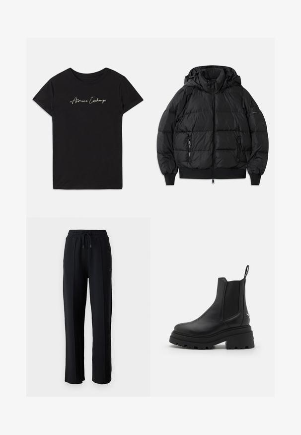 Chaqueta acolchada negra con capucha, cierre frontal con cremallera y dos bolsillos laterales con cremallera. Presenta puños y dobladillo acanalados, textura suave y brillante.; Camiseta de algodón negra con mangas cortas y cuello redondo, adornada con un logo en cursiva "Armani Exchange" en blanco.; Pantalones de chándal negros con un corte relajado, cinturilla elástica, cordón ajustable y costuras verticales a lo largo de las piernas. Textura de tela suave.; Botas Chelsea negras de cuero liso con paneles laterales elásticos, suela de goma gruesa y estriada, y una lengüeta en la parte trasera.